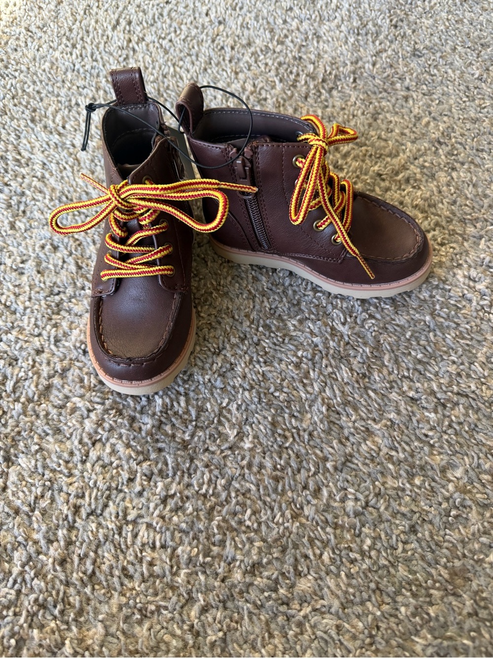 Cat & Jack Brown boys Lace-Up Boots with Yellow and Red Accents